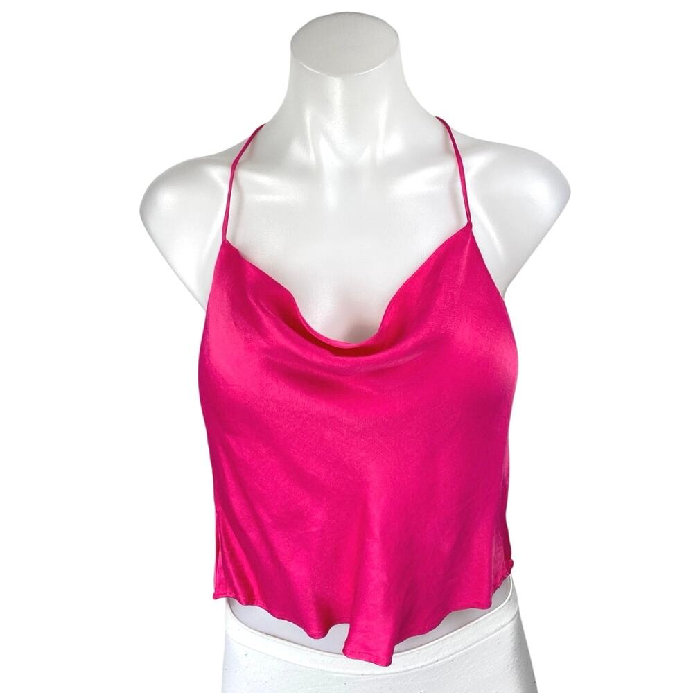 Zara Women's Pink Silky Satin Sleeveless Cowl Neck Cami Camisole Crop Tank Top S